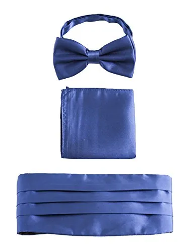 Herren Satin Kummerbund Fliege Einstecktuch 3 in 1 Set für Hochzeit Party Ball Banquet Smoking Gentleman - Einfarbig Dunkelblau