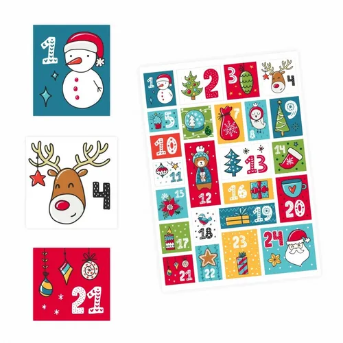 Adventskalender Zahlen Aufkleber bunt - eckig - Sticker Weihnachten basteln 24