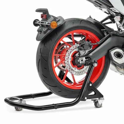 ConStands Motorradheber Montageständer XB2 L schwarz - Wagenheber und Rangierhilfe für Motorräder, ideal für Pflege und Wartung. Mit beweglichen Doppel-Rollen für einfaches Manövrieren in engen Räumen und bremsenden Rollen für sicheren Stand.