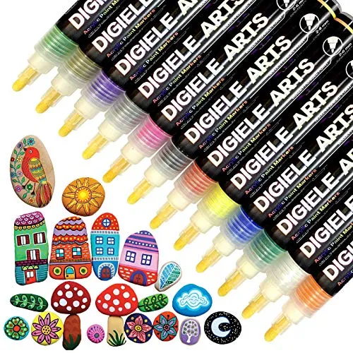 DIGIELE Steine Bemalen Stifte Set, 12 Farben Wasserfeste Permanent Acrylstifte Marker, Kinder DIY Stift Art für Stein, Rock-Malerei, Keramik, Porzellan, Metall, Kunststoff, Holz & DIY Farbe