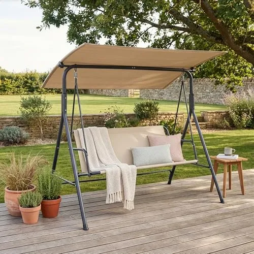 Hollywoodschaukel 'Satten' 3-Sitzer mit Sonnendach – Grau/Beige - Genießen Sie entspannte Stunden im Freien mit dieser komfortablen 3-Sitzer-Hotelschaukel. Das verstellbare Sonnendach bietet perfekten Schutz vor Sonne und Regen, während die robuste Konstruktion Stabilität garantiert.