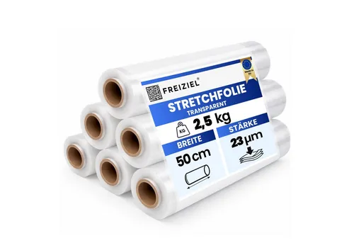 Freiziel® 6 x Rollen Stretchfolie 50 cm - Hochwertige Verpackungsfolie - Sonstige - 6 Rollen von 50 cm Breite, 23 µm dick, ideal für sicheres Einwickeln von Palettenware mit hoher Reißdehnung von ca. 180%.