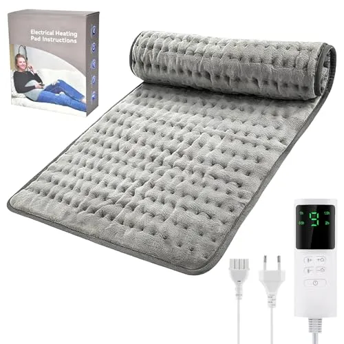 Fwiull Heizkissen 43x84cm mit automatischer Abschaltfunktion, Überhitzungsschutz, 9 Temperaturstufen und 4 Timern, LED-Anzeige, grau