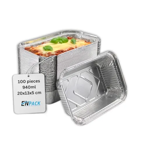 Enpack Aluschale R45-911L - 100 Stück Aluschalen Grill 20 x 13 x 5 cm - Wärmebehälter 940 ml - Fettauffangschale als Grill Zubehör, Food Container, kleine Auflaufform - feuerfeste Alu Grillschale
