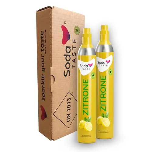 SodaTASTE CO2-Zylinder kaufen 2er-Pack (Reservezylinder) für Wassersprudler, mit natürlichem Zitronenaroma, ohne Sirup, für bis zu 120l gesprudeltes Wasser mit Geschmack, zuckerfrei