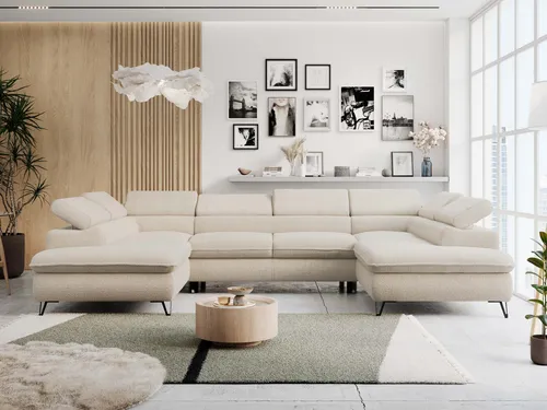 MKS MEBLE Sofa U-Form Beige - Schlafsofa mit Bettkasten - Sofas & Couches mit HR-Schaum für optimalen Komfort und Luftzirkulation. Verwandeln Sie das Sofa mit der Delfin-Mechanik in ein Bett. Verstellbare Kopfstützen sorgen für entspanntes Sitzen und individuelles Wohlbefinden.