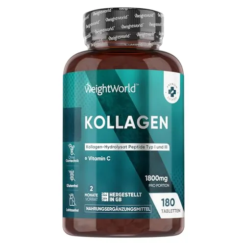 Kollagen Tabletten mit Vitamin C - 1800mg Kollagen-hydrolysat pro Portion - Collagen Peptide Typ 1 & 3-180 Tabletten - 2 Monate Vorrat - WeightWorld