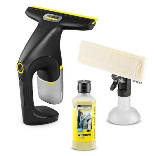 Kärcher Akku-Fenstersauger WV 1 Compact Care Extra+ Black, Akkulaufzeit: 25min., Wassertank: 100 ml, Gewicht: 0,5 kg, Sprühflasche mit Mikrofaser-Wischbezug, 500 ml Fensterreiniger, 360° Comfort!Clean