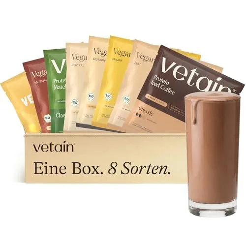 VETAIN Bio Vegan Protein Probierpaket - 8 x 30g - Teste alle 8 köstlichen Sorten unseres veganen Proteinpulvers, ideal für jeden Geschmack! Hergestellt in Deutschland mit geprüfter Qualität und fermentierten Proteinen für optimale Verträglichkeit.
