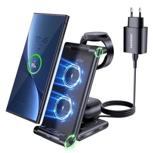 MANKIW 3 in 1 Ladestation für Samsung Galaxy Watch und Buds | Kabellose 3 in 1 Ladestation mit faltbarem Design, 18W QC Adapter und USB-C für Samsung Galaxy, Watch und Buds
