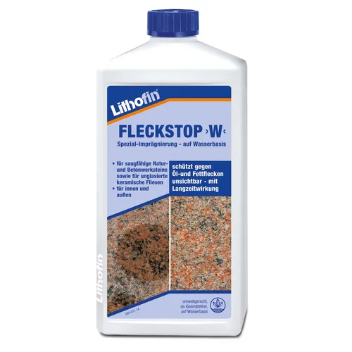 Lithofin FLECKSTOP W, 1 L - Gebrauchsfertiger Fleckenschutz - Flüssigreiniger für Innen- und Außenanwendungen, schützt effektiv vor Flecken und sorgt für langanhaltende Sauberkeit.