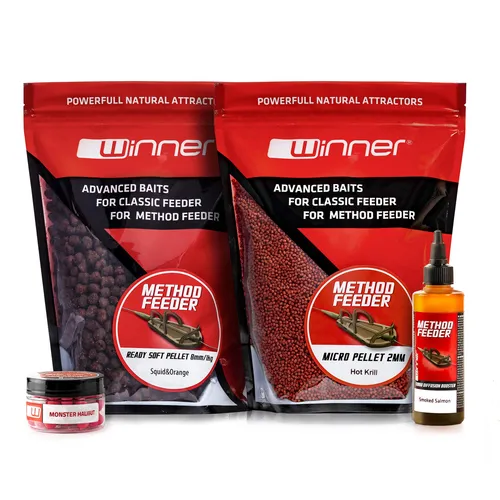 Winner 4er-Set Session Method & Feeder Box Fish Köder-Set, Ready Soft Pellet 8 mm, Micro Pellet 2 mm, Turbo Diffusion Booster, Fluo Pop Up Boilies 8 mm, Karpfen Angeln ohne Mühe