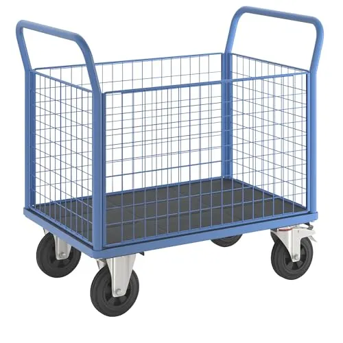 eurokraft | Plattformwagen | 4 hohe Gitterwände | LxB 1050 x 700 mm | Vollgummireifen