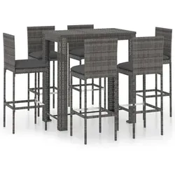 vidaXL 7-tlg. Gartenbar-Set mit Kissen Poly Rattan Grau - Gartenmöbel-Set für entspannte Stunden im Freien, stabiler Bartisch mit pulverbeschichtetem Stahlgestell und bequemem Kissen für hohen Sitzkomfort.