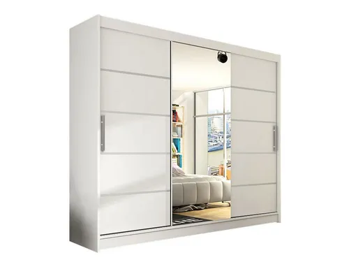MIRJAN24 Großer Schwebetürenschrank Aston VI mit Spiegel - Schwebetürenschrank mit drei Türen, 250 cm breit und ausgestattet mit großräumigen Regalen sowie einem praktischen Frontspiegel - ideal für platzsparende Aufbewahrung.