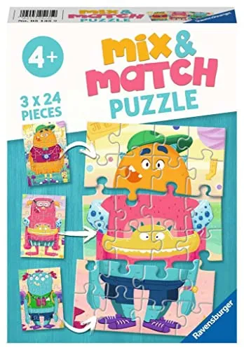 Ravensburger Kinderpuzzle - 05135 Mix&Match Lustige Monster - Puzzle für Kinder ab 4 Jahren, mit 3x24 Teilen