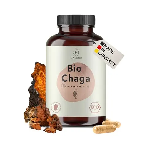 BIONUTRA© Bio Chaga Kapseln, 180 Stück à 600 mg hochdosiert, vegan & ohne Zusätze, Rückstandskontrolliert, Deutsche Herstellung aus Vitalpilz Chaga Bio