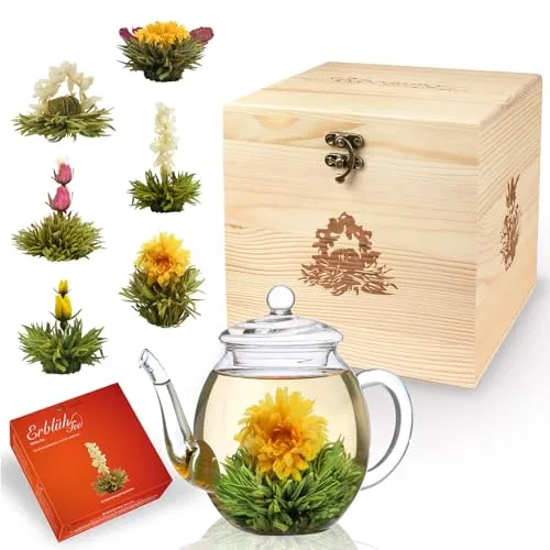 Creano Teeblumen-Mix Geschenkset mit 500ml Teekanne - Weißer Tee mit 6 erblühenden Teerosen in edler Holzbox. Ideal als Geschenk, bietet jede Blüte bis zu 3x Aufgüsse und sorgt für ein faszinierendes Teeerlebnis.
