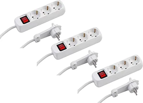 Meister Steckdosenleiste 3-fach - 3er Set mit 2 m Kabel - Steckdosen & Zubehör: Set mit 3 Steckdosenleisten, extraflacher Stecker für platzsparende Nutzung hinter Möbeln und großer beleuchteter Schalter zum Stromsparen.