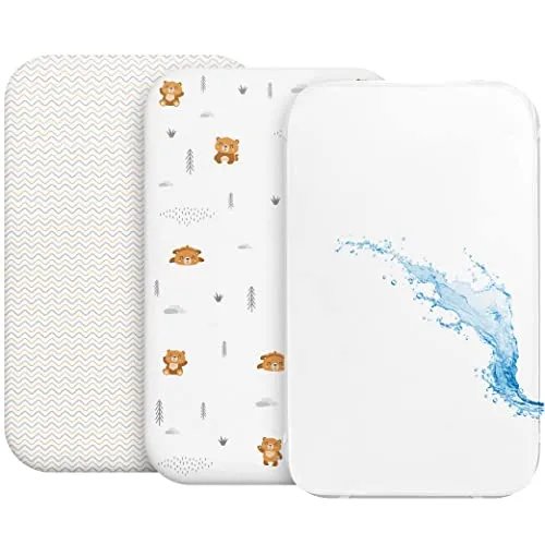 2X Spannbettlaken aus 100% Baumwolle mit Gummiband - 1X Matratzenschoner aus 100% wasserdichtem Material - 3er-Set - 50x83cm - Teddybär