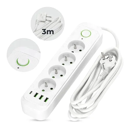 Steckdosenleiste Kobi CONNECTO Weiß 4 Steckdosen 3 m VERLÄNGERUNGSKABEL mit 4X USB MIT EIN/AUS Schalter und Erdung (Weiß, 3 m)