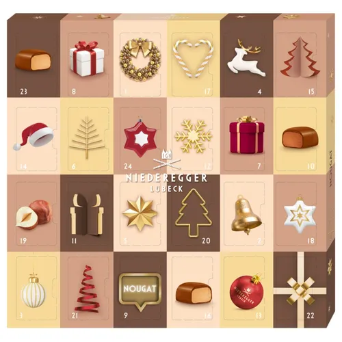 Niederegger Mini Adventskalender Nougat Pralinen 180g - Adventskalender mit köstlichen Nougat-Pralinen von Niederegger, ideal für die Vorweihnachtszeit und eine süße Überraschung jeden Tag.