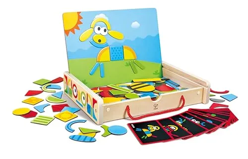 Hape E1631 - Magnetische Kunstbox - Kunststoffspielzeug mit 91 Magnetformen und 12 Inspirationskarten, fördert kreatives Denken und Geometrie-Grundlagen. Ideal als Reisespielzeug mit praktischem Tragegriff.