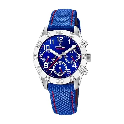 Festina Quarz Kind Junior F20346/2 - Blaue Kinderuhr - Kinderuhren mit 36mm Gehäuse, blaufarbigem Zifferblatt und original Festina Lederarmband - perfekt für kleine Abenteurer!