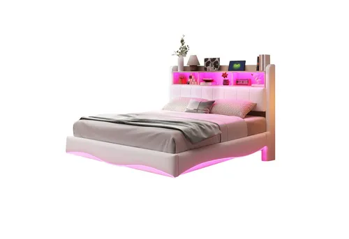 OKWISH Polsterbett Doppelbett mit LED, USB- & Typ-C-Anschlüssen – 140 x 200 cm