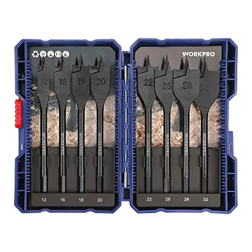 WORKPRO Holzbohrer-Set, flach, Sechskantschaft, Schnellwechsel, 12 mm, 16 mm, 18 mm, 20 mm, 22 mm, 25 mm, 28 mm, 32 mm, 8 Stück