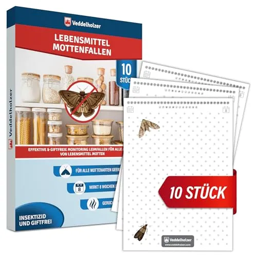 Veddelholzer 10 Stück Lebensmittelmotten-Falle mit Pheromon Lockwirkung Effektiv Lebensmittelmotten bekämpfen Monitoring von Motten dank Hochleistungs- Leimfalle Langzeitschutz 10 x 8 Wochen