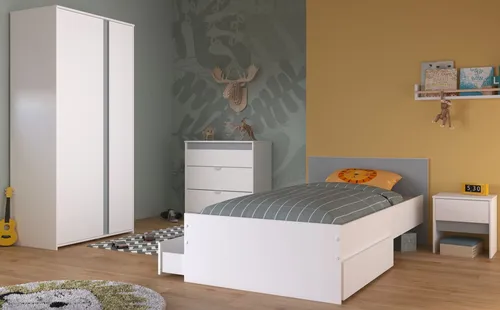 Parisot Jugendzimmer-Set Pirouette - Komplett-Set 4-teilig in Weiß mit Grau oder Rosa - Modernes Kinderzimmer-Set Pirouette mit viel Stauraum: 4-teiliges Set mit Einzelbett, Kleiderschrank, Kommode und Nachttisch. Strapazierfähige Oberflächen und pflegeleicht – ideal für Kinder und Jugendliche.
