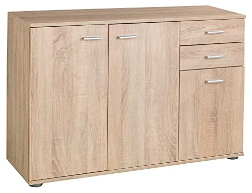 Kommode SOLO - 3 Türen, 2 Schubladen, 106 cm breit - Schubladenkommode in Eiche Sonoma mit 3-fach höhenverstellbarem Einlegeboden für individuelle Anpassung. Ideal für die Aufbewahrung von Ordnern und Büromaterial.