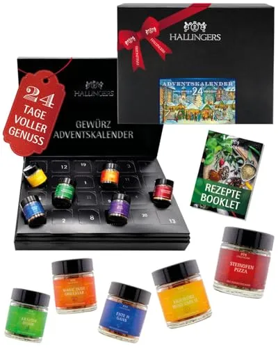 Hallingers Genuss Manufaktur Gewürz Adventskalender – 24 Gewürze & Gewürzmischungen aus aller Welt, Kochen Grillen Würzen Set, Geschenkidee für Männer Frauen, Premium Weihnachtskalender 2025