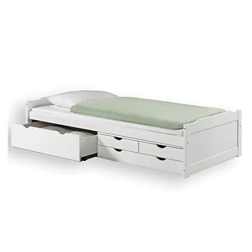 IDIMEX Funktionsbett ANDREA - Stauraum Kinderbett 90x200 cm - Betten mit 4 praktischen Schubladen und modernem Design, ideal für Kinderzimmer oder Gästezimmer, aus hochwertigem teilmassivem Kiefernholz in elegantem Weiß.