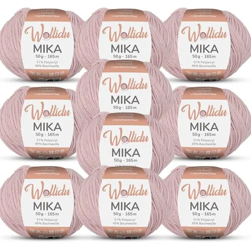 Wollidu Mika 51% Polyacryl 49% Baumwolle zum Häkeln und Stricken 10x 50g/165m Oeko-Tex Strickgarn Häkelgarn - Zartrosa