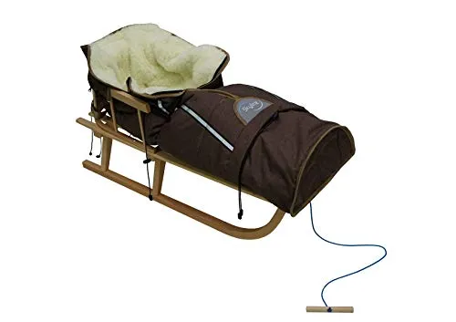 Holzschlitten für Kinder mit Rückenlehne Rodelschlitten Davoser Schlitten aus Holz mit einem Sicherheitsgurt, Rückenlehne und Winterfußsack (Natur/Braun Schlafsack)