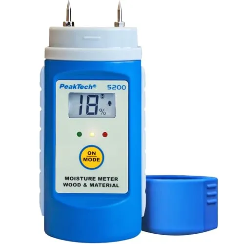 PeakTech Feuchtemessgerät P 5200 - Feuchtigkeitsmessgerät für Holz und Baustoffe mit invasiver Messmethode und bis zu 10mm Messtiefe. LC-Display mit Hintergrundbeleuchtung und LED-Ampelsystem für einfache Nutzung.