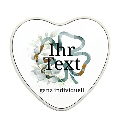 STEMPEL-FABRIK – personalisierbare Herzdose mit Name oder Wunschtext – Aquarell Motiv mit grünem Kleeblatt – bedruckte Geschenkdose in Herzform – ideale Keksdose und Metalldose