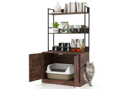 COSTWAY Katzenschrank mit Bücherregal – Multifunktionales Katzenmöbel in Braun - Der multifunktionale Katzenschrank bietet sowohl Platz für das Katzenklo als auch Stauraum mit 3 Regalen und 4 Haken. Stilvolles Design und einfach zu reinigen – ideal für Ihr Zuhause.
