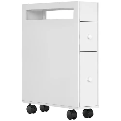 kleankin Badezimmerschrank mit Rollen - Moderner Nischenschrank mit 2 Schubladen und offenem Fach, mobil dank 4 Rädern. Perfekt für kleine Badezimmer, wasserfest und platzsparend.