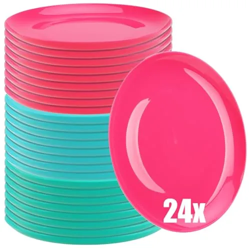 com-four® 24x Teller - wiederverwendbare Kunststoffteller in bunten Farben - bruchfeste, leichte Mehrzweckteller für Camping, Gartenparty, Picknick & Alltag (24 Stück - grün/türkis/pink)