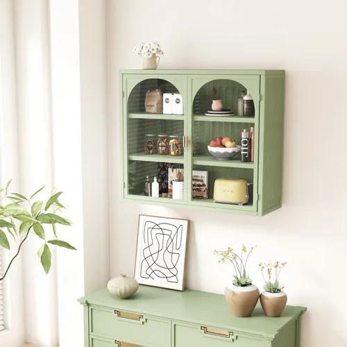 MODFU Wandschrank Hängeschrank mit dreistufiger Lagerung – Stilvoller Badschrank in Grün - Praktischer Wandschrank mit drei Ebenen für optimalen Stauraum. Robuste Konstruktion aus Eisen und Glas, ideal für Badezimmer und Wohnzimmer. Abnehmbares Regal für individuelle Anpassung und platzsparendes Design.