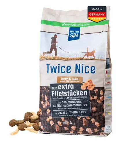 NutriQM Trockenfutter Twice Nice Adult Lamm & Huhn - Hundefutter mit 520 g frischen Filetwürfeln pro Kg, getreidefrei und ideal für empfindliche Hunde. Unterstützt Verdauung, Immunsystem und Hautgesundheit.