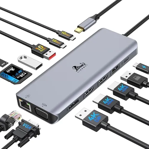 USB C Docking Station 13 in 1 für 3 Monitore - Dockingstationen für tragbare Computer mit 8K@30Hz DisplayPort und 2x 4K@60Hz HDMI, ideal für effizientes Multitasking und schnelles Laden mit PD 100W.