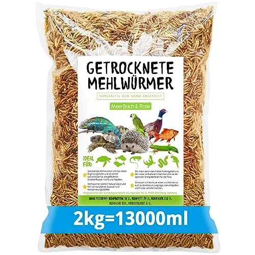 Meerbach & Rose Mehlwürmer getrocknet, 2kg (entspricht 13 Litern) getrocknete Mehlwürmer, proteinreicher Snack für Wildvögel, Fische, Reptilien und Nager
