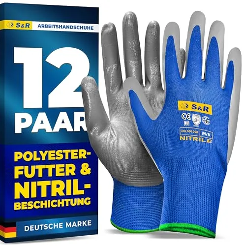 S&R Arbeitshandschuhe mit Nitril-Beschichtung – Nahtlose, Rutschfeste Schutz-Handschuhe für Montage, Bauarbeiten & Wartung – Flexibel, Ölfest & Wasserdicht, Abriebfest