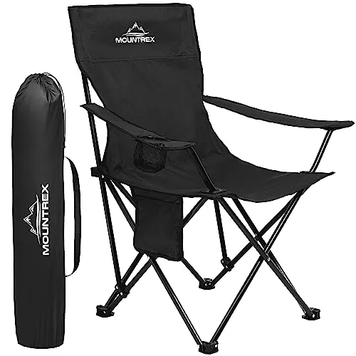 MOUNTREX Campingstuhl Klappbar (bis 120kg) - Klappstuhl mit Verstellbare Armlehne - Anglerstuhl, Strandstuhl - Faltbar, Kompakt & Leicht - Camping Stuhl Inkl. Getränkehalter (Schwarz)