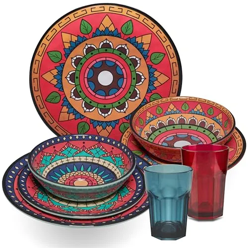 Melamin Geschirr Set Toskana Deep für 2 Personen - 8 Teile - Rot-Grün - Mandala-Optik mit farblich passenden Trinkgläsern 400 ml Zubehör Campinggeschirr Wohnwagen Camping Festival Picknick Gartenparty