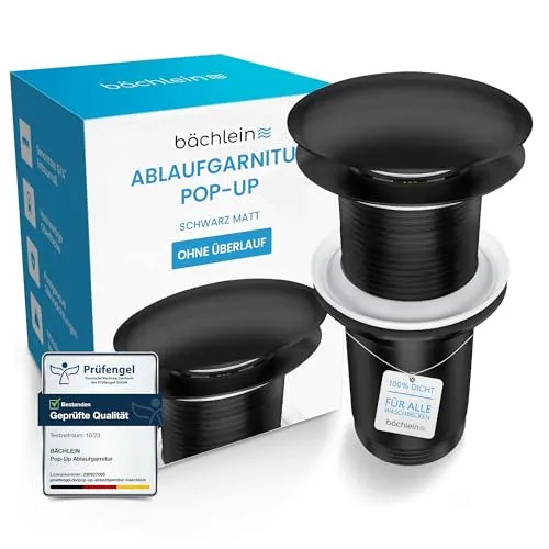 Bächlein Universal Ablaufgarnitur ohne Überlauf (Matt Schwarz) - Effizientes Pop Up Ventil für Waschbecken - Waschtischarmaturen mit einfacher Push-Push-Funktion für schnelles Öffnen und Schließen. Werkzeugfreier Einbau und leicht zu reinigen für maximalen Komfort!